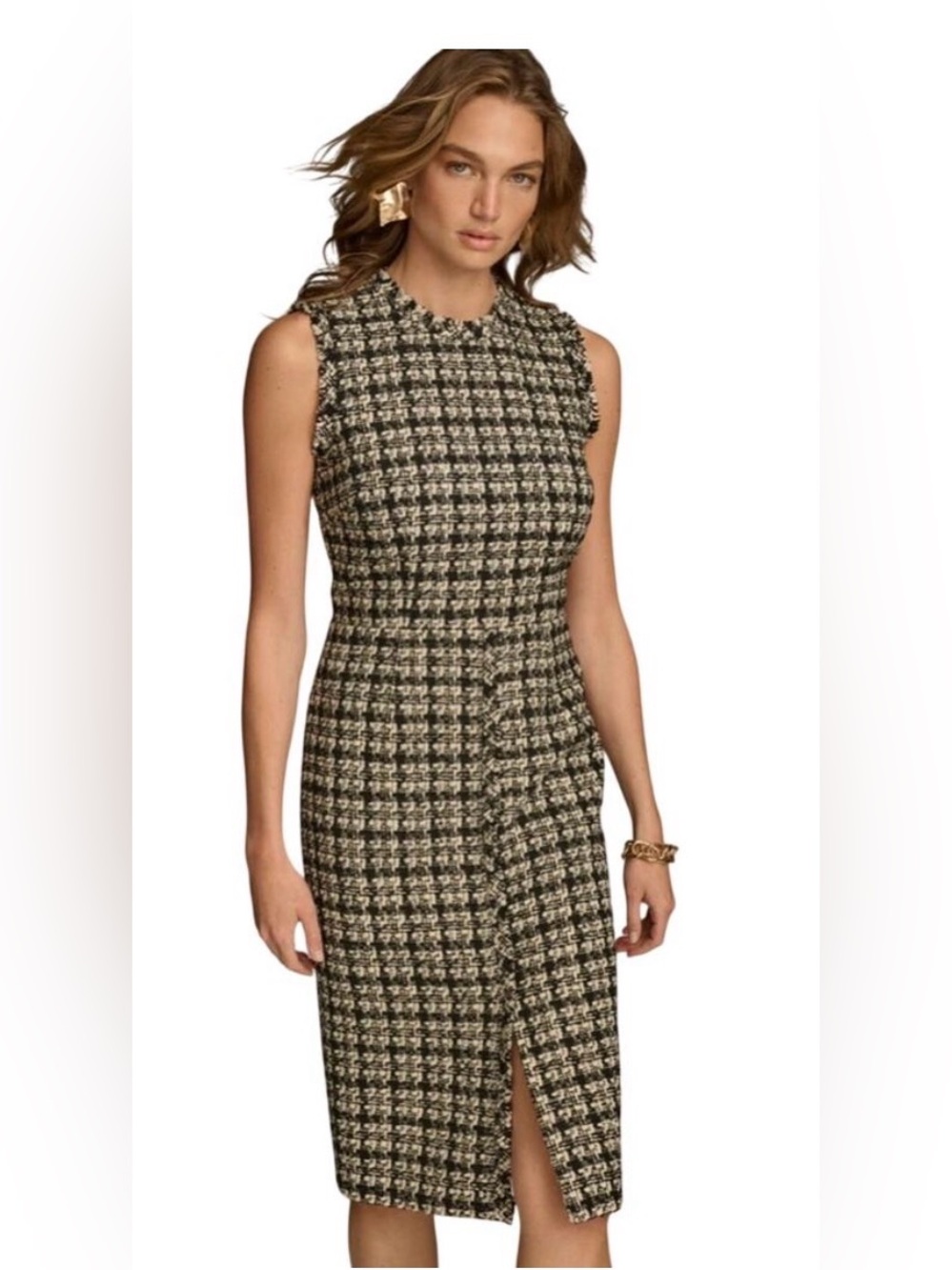 Donna Karan Black and white Houndstooth Midi Sheath Dress gold back zip